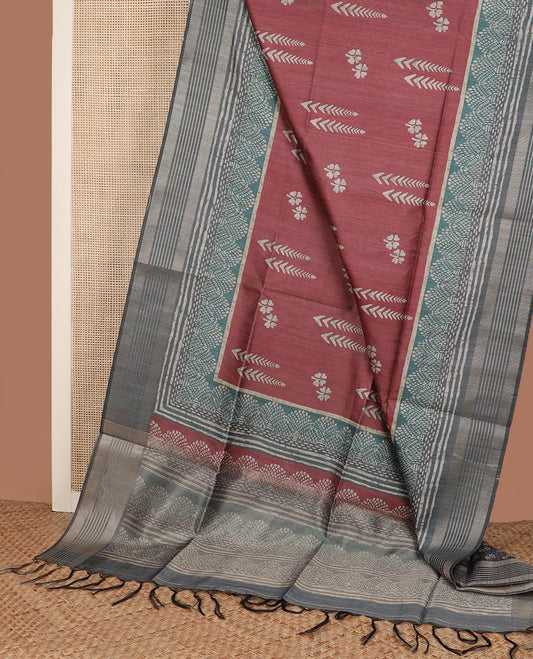Brown floral and geometric printed tussar silk saree, contrast geometric patterned border, and pallu of geometric patterns
