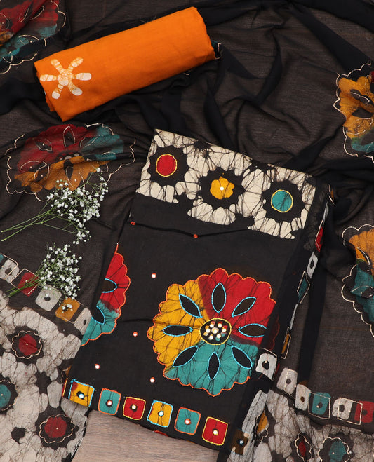 Multi-color material chudidar set, batik printed with mirror embroidered top, contrast yellow batik printed bottom, and batik printed dupatta