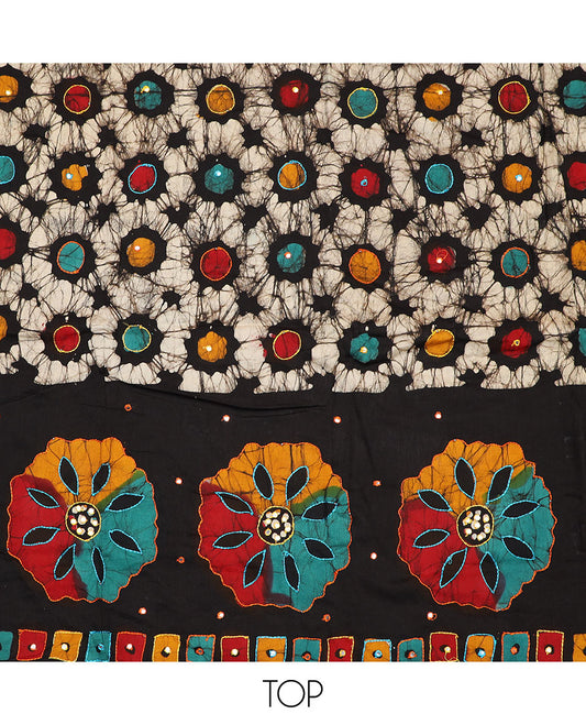 Multi-color material chudidar set, batik printed with mirror embroidered top, contrast yellow batik printed bottom, and batik printed dupatta