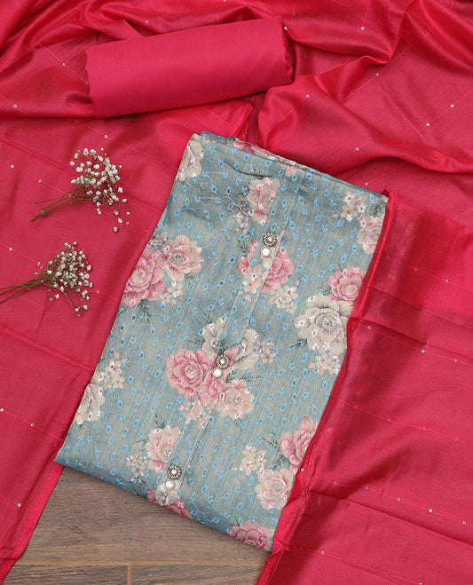 Blue material chudidar set, floral print with thread embroidered top, contrast plain bottom and sequins striped dupatta