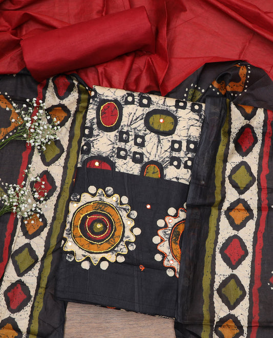 Black cotton material chudidar set, batik style geometric printed with mirror work top, contrast red plain bottom and batik printed dupatta