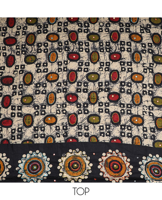 Black cotton material chudidar set, batik style geometric printed with mirror work top, contrast red plain bottom and batik printed dupatta