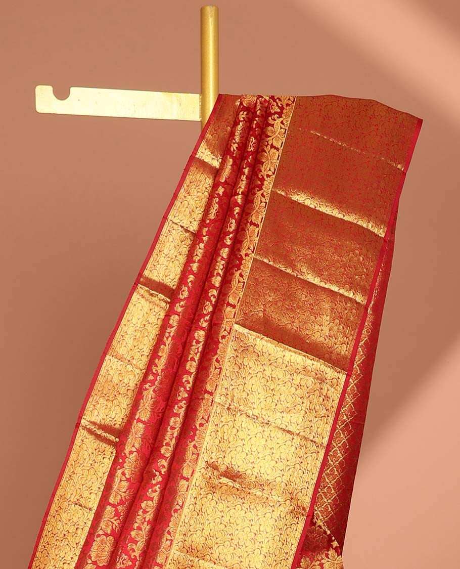 Red floral jacquard kancheepuram silk with self floral border & pallu of argyle pattern