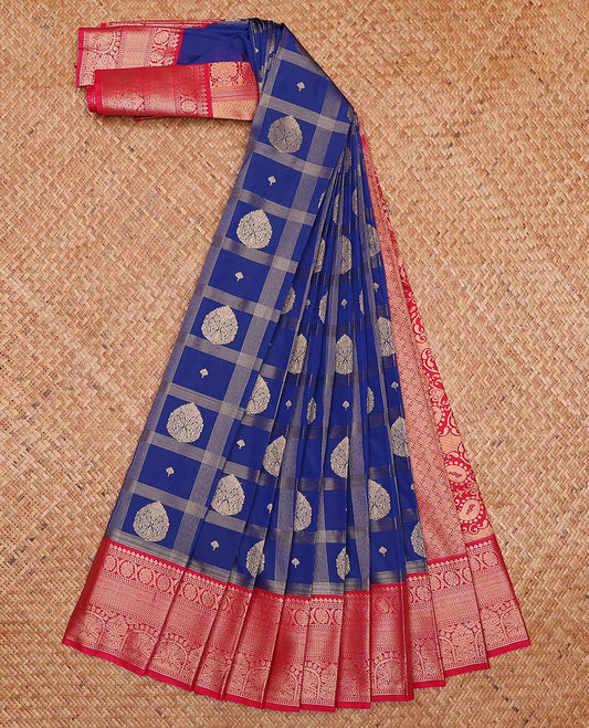 Royal blue zari butta enclosed checked gift saree, contrast traditional zari border, and jaal pallu