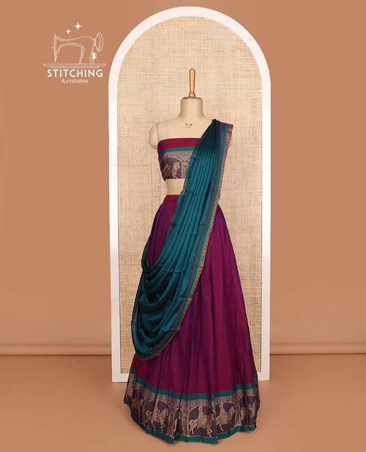 Purple cotton half-saree, plain with contrast man on the horse motifs bordered skirt, matching blouse, and contrast dhavani