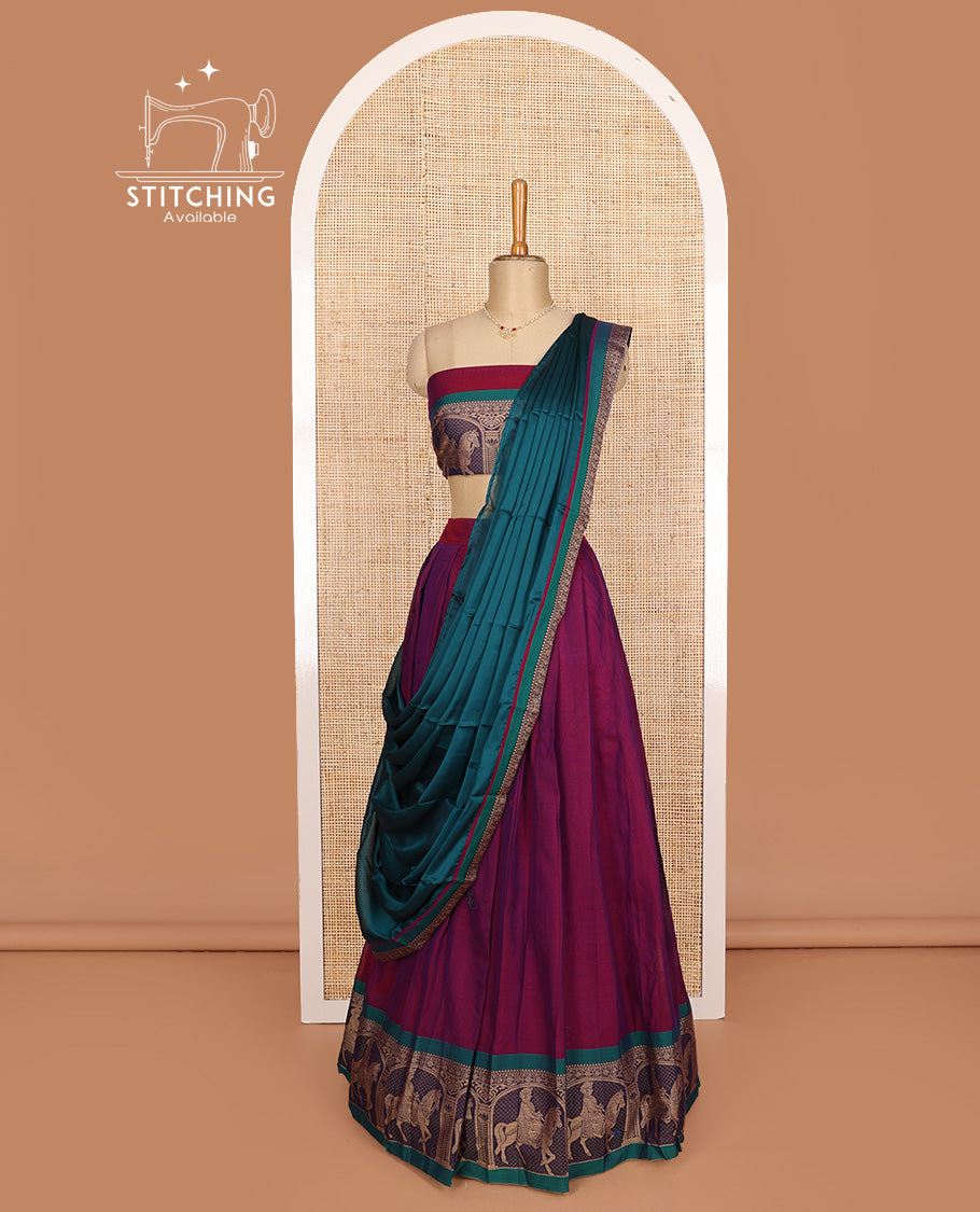 Purple cotton half-saree, plain with contrast man on the horse motifs bordered skirt, matching blouse, and contrast dhavani