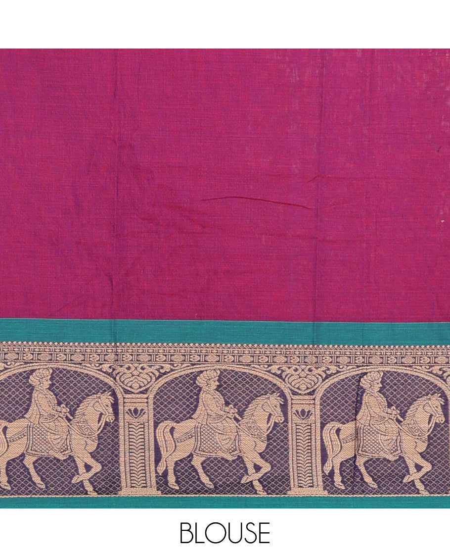 Purple cotton half-saree, plain with contrast man on the horse motifs bordered skirt, matching blouse, and contrast dhavani