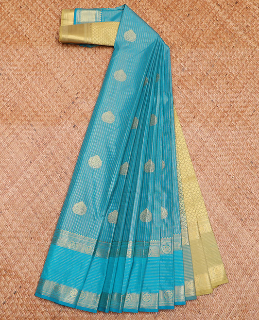 Blue Budget Silk Saree Richly Detailed with Zari Buttas and Micro-Checks, Embellished with a Traditional Zari-Motif Stepped Border, Complemented by a Contrast Jaal-Designed Pallu, and Paired with a Contrast Blouse