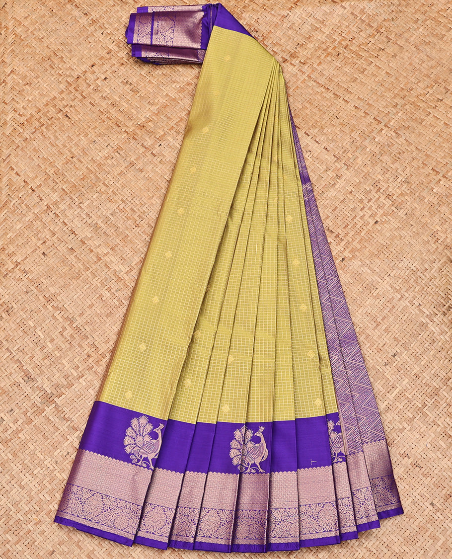 Green Budget Silk Saree, Subtly Woven with Buttas and Checks On Its Body, Complemented by Contrast Traditional Zari Border of Peacock Designs, Chevron Striped Pallu and Paired with a Contrast Blouse