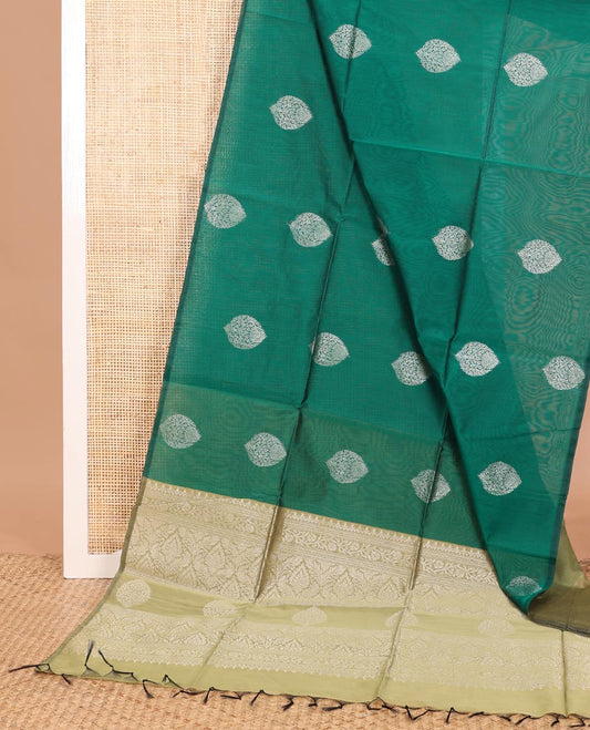 Borderless green zari buttas semi-silk cotton saree, contrast pallu of intricate designs
