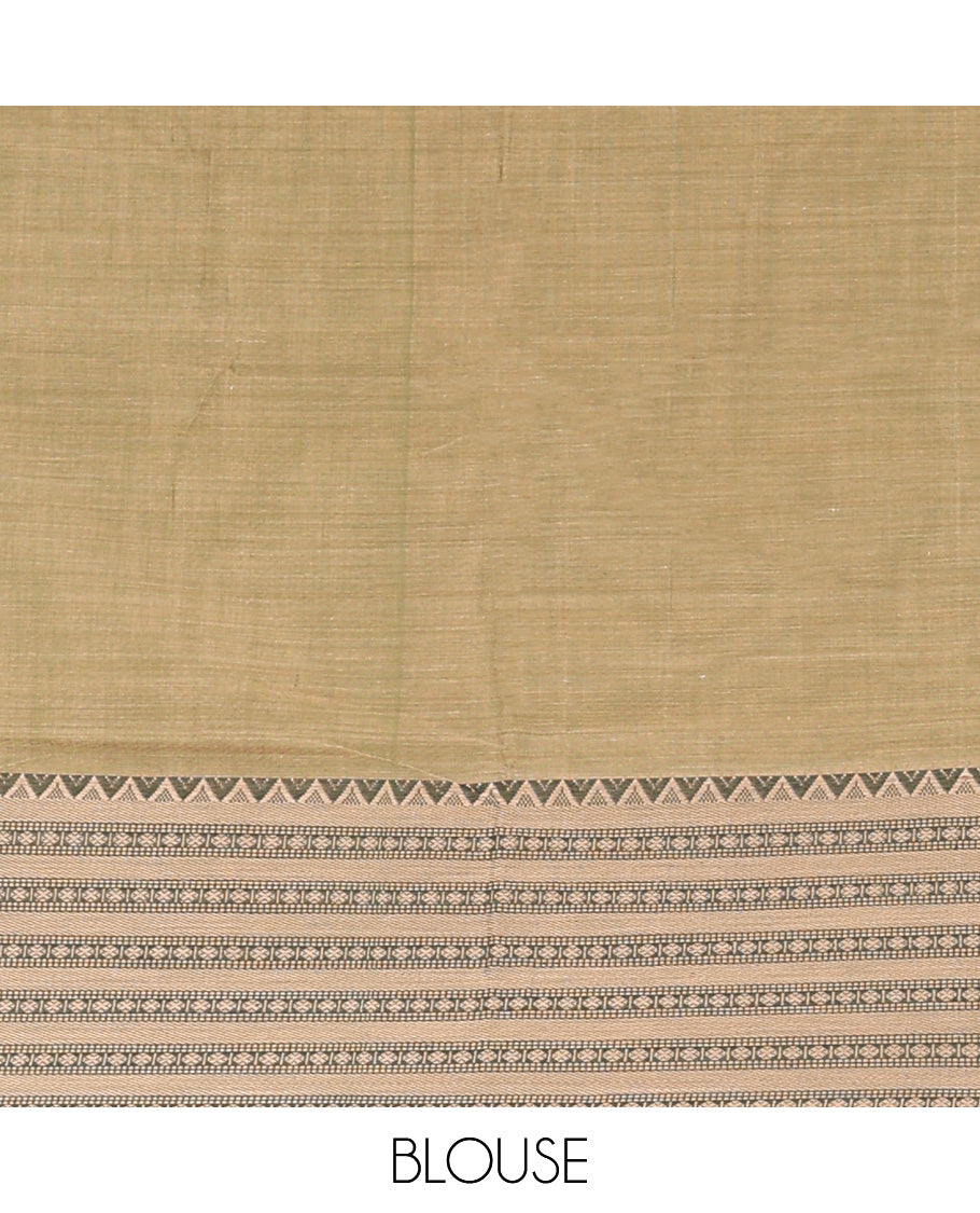 Khaki color plain Narayanapet cotton saree, traditional motifs woven border, and striped pallu