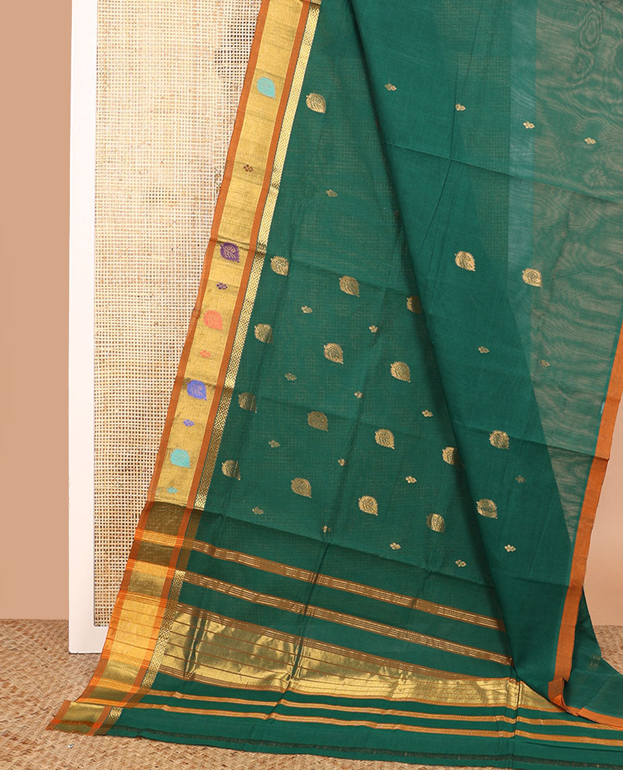 Green zari buttas Venkatagiri cotton saree, contrast thread and zari woven border, and zari striped pallu