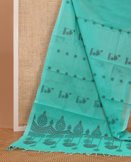 Turquoise blue unique buttas Coimbatore cotton saree,  plain border & uniquely designed pallu