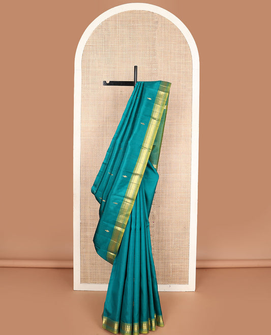 Green buttas Kanchipuram silksaree, contrast one-sided zari border of banaras & jaal design & zari design  pallu