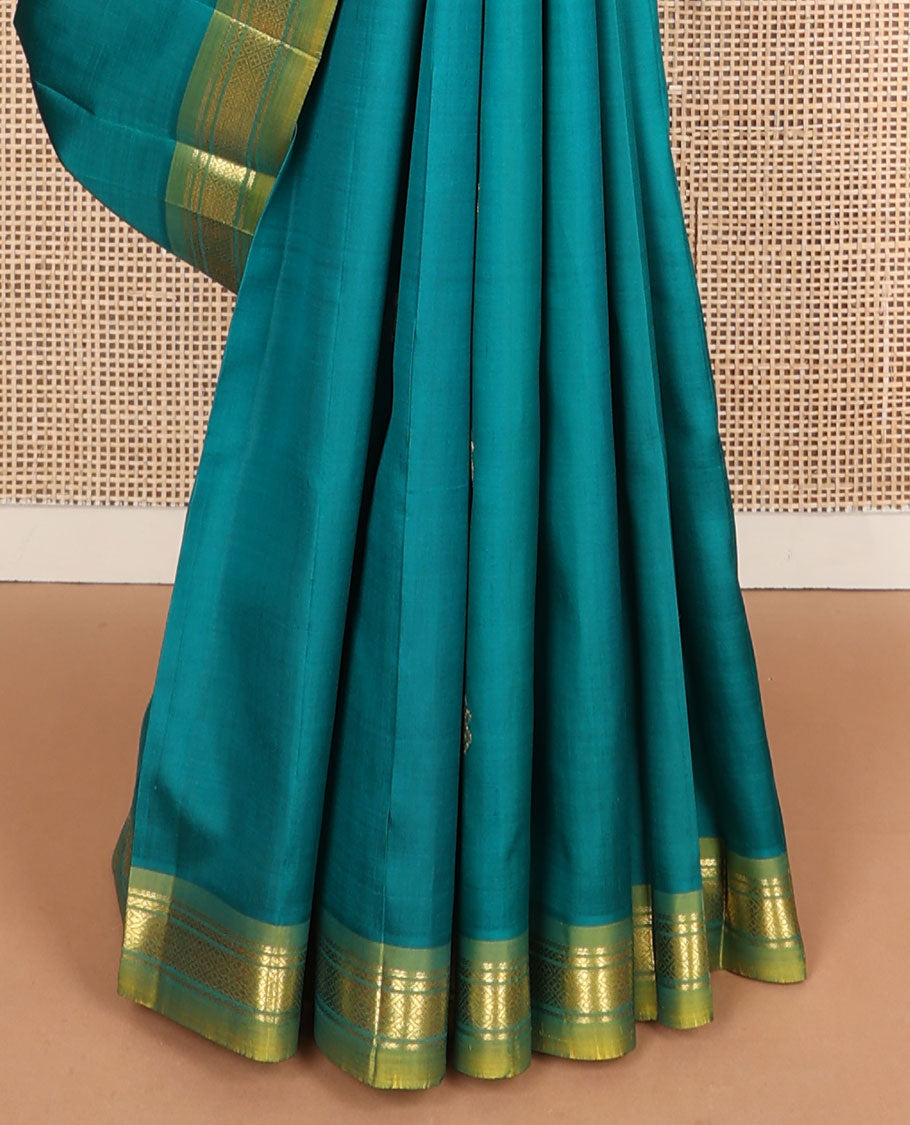 Green buttas Kanchipuram silksaree, contrast one-sided zari border of banaras & jaal design & zari design  pallu