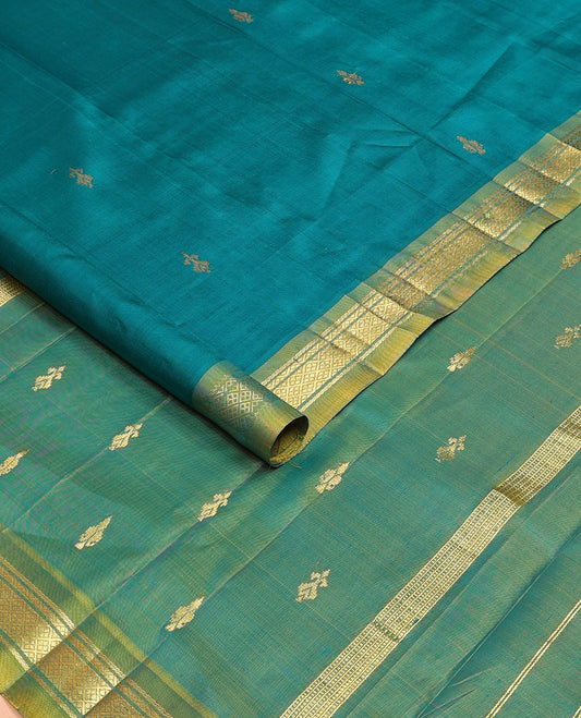 Green buttas Kanchipuram silksaree, contrast one-sided zari border of banaras & jaal design & zari design  pallu