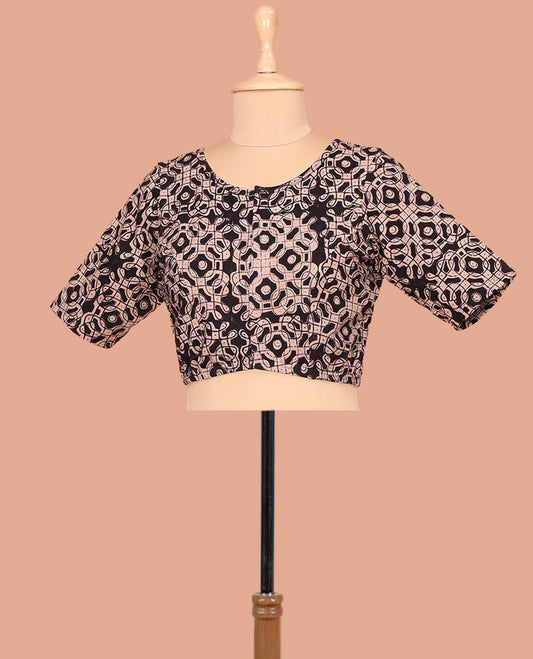 Black Cotton Readymade Blouse Subtly Sparked with All-Over Kolam Motifs Print, Featuring a Front Round-Neck, a Closed Back Neck, and Elbow Sleeves