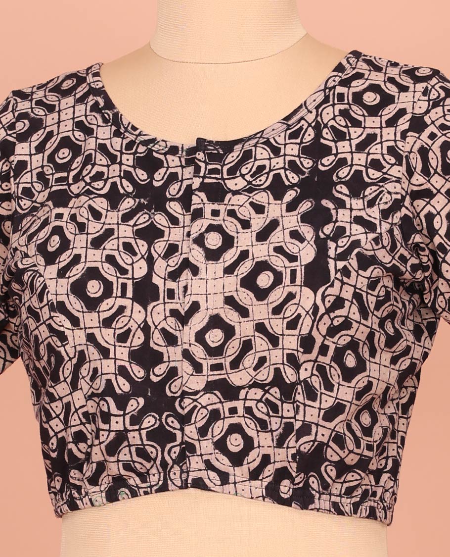 Black Cotton Readymade Blouse Subtly Sparked with All-Over Kolam Motifs Print, Featuring a Front Round-Neck, a Closed Back Neck, and Elbow Sleeves