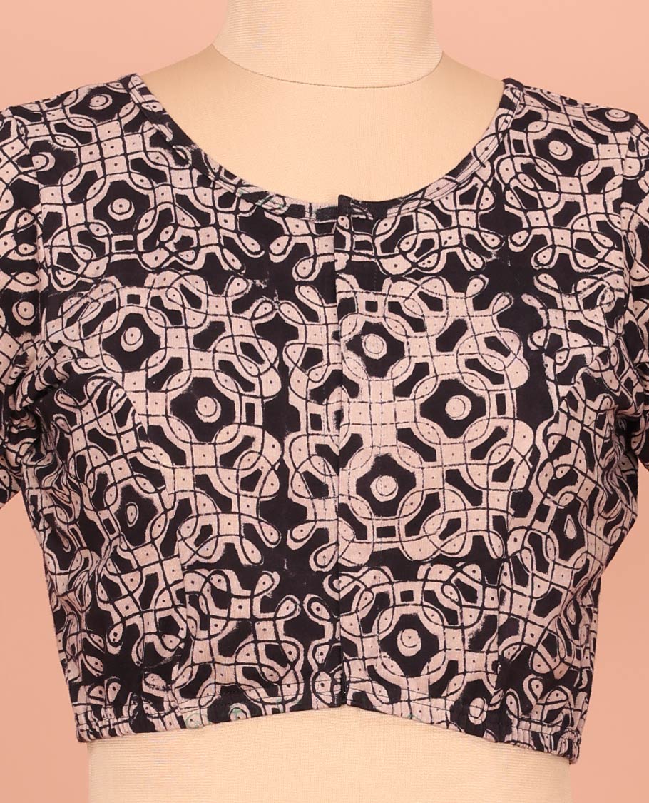 Black Cotton Readymade Blouse Subtly Sparked with All-Over Kolam Motifs Print, Featuring a Front Round-Neck, a Closed Back Neck, and Elbow Sleeves