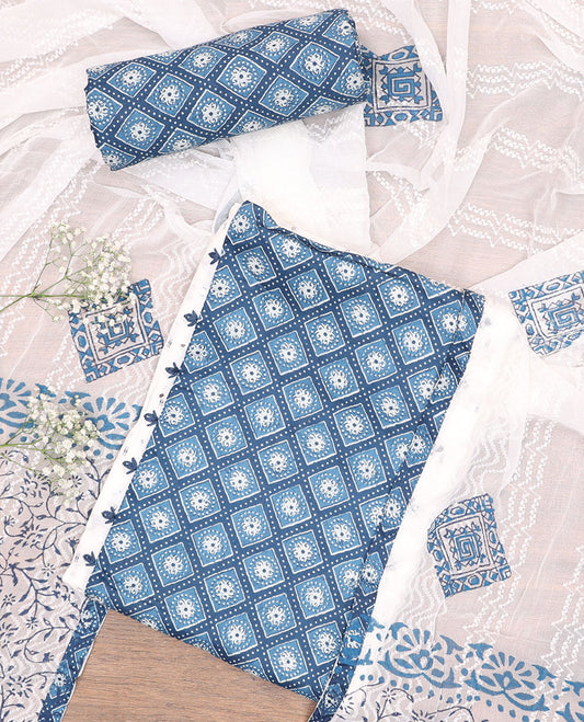 White cotton chudidhar material set,dobby-style buttas & neckwork top, printed bottom & thread work & printed dupatta