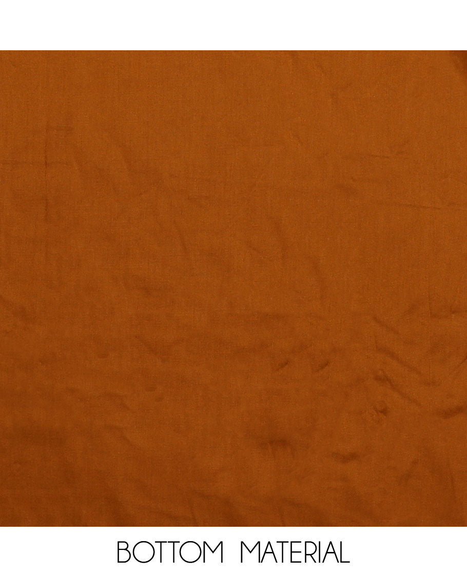 Orange material chudidar set, floral printed with French knot embroidered top, plain bottom, and dupatta of stripes and floral print