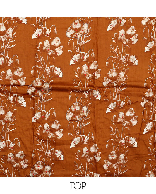 Orange material chudidar set, floral printed with French knot embroidered top, plain bottom, and dupatta of stripes and floral print