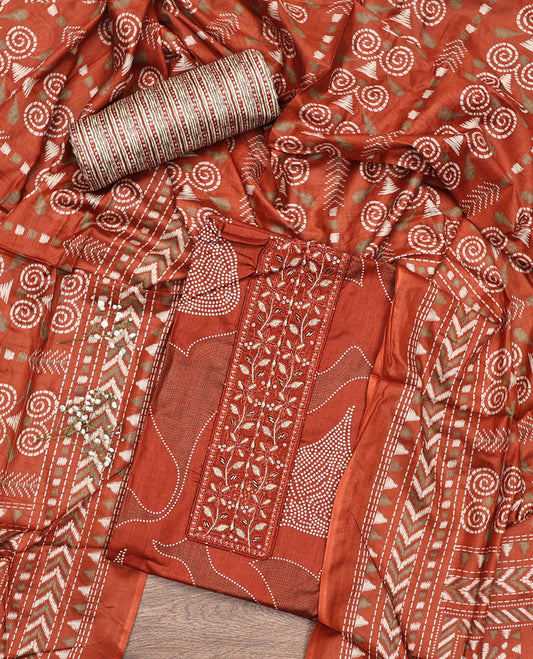 Rust Material Chudidar Set, Decorated with Abstract Print and Neck Embroidered Cotton Top, a Printed Cotton Bottom, and Paired with a Ikkat-Style Geometric Printed Cotton Dupatta