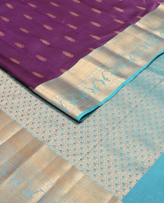 Purple zari buttas Vasundhara silk mix saree, contarst border of manga & iruthalai pakshi designs & jaal pallu