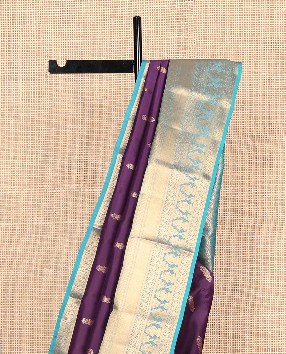 Purple zari buttas Vasundhara silk mix saree, contarst border of manga & iruthalai pakshi designs & jaal pallu