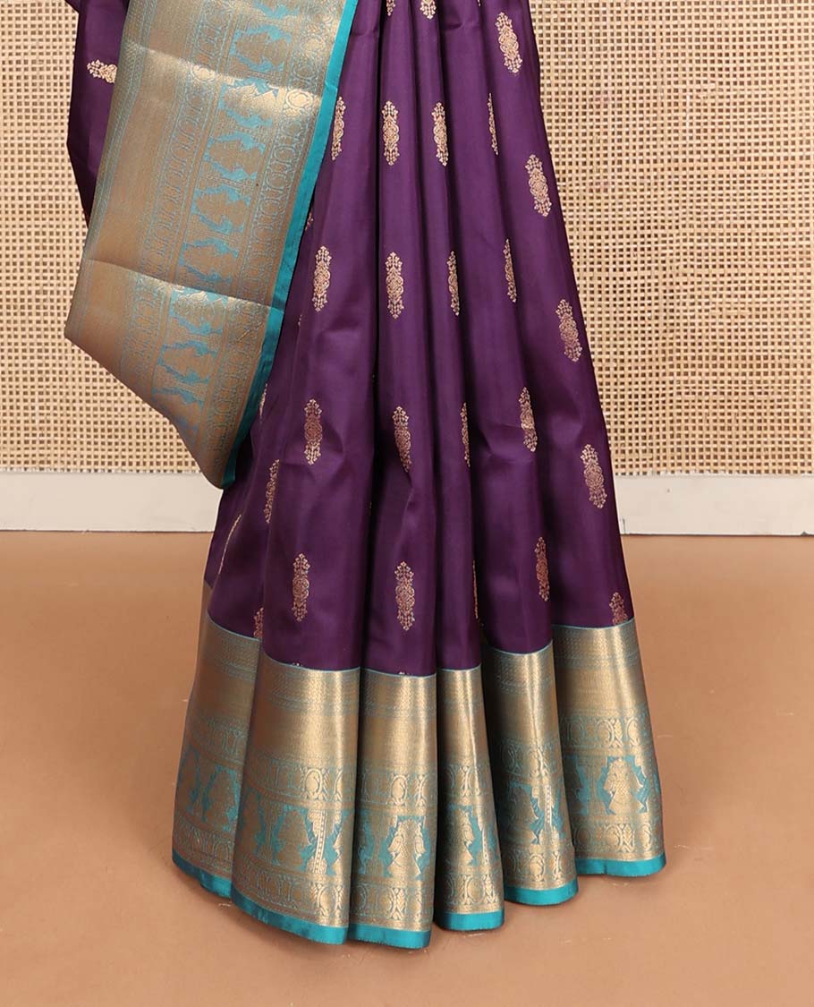 Purple zari buttas Vasundhara silk mix saree, contarst border of manga & iruthalai pakshi designs & jaal pallu