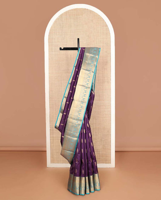 Purple zari buttas Vasundhara silk mix saree, contarst border of manga & iruthalai pakshi designs & jaal pallu