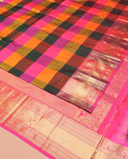 Multi-Color Vasundhara Silk Saree Adorned with Palum Pazhamum Checks, Complemented by a Contrast Border Steeped with Traditional Designs, Opulently Embellished Pallu of Jaal Designs, and Paired with a Contrast Blouse