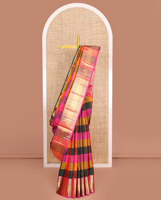 Multi-Color Vasundhara Silk Saree Adorned with Palum Pazhamum Checks, Complemented by a Contrast Border Steeped with Traditional Designs, Opulently Embellished Pallu of Jaal Designs, and Paired with a Contrast Blouse