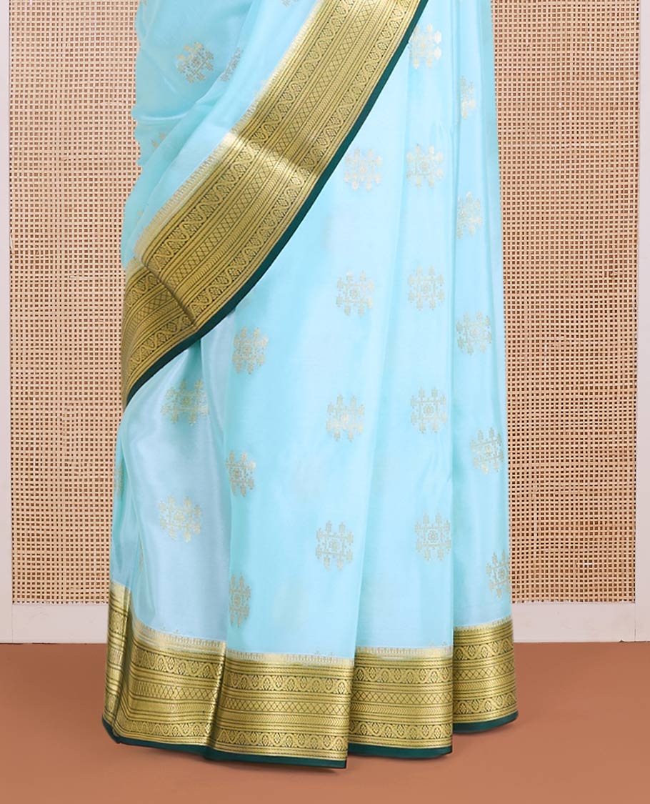 Baby blue zari buttas Mysore silk saree, contrast traditional zari design border & zari-rich jaal pallu