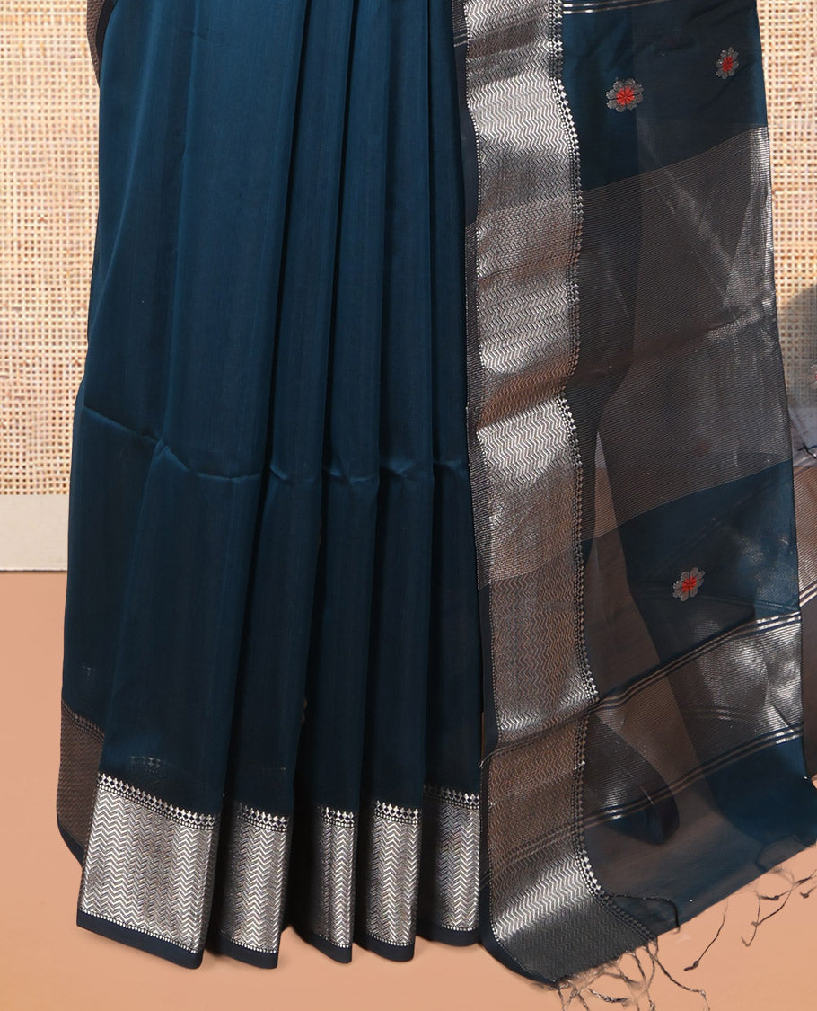 Blue Maheshwari Cotton Saree, Delicately Woven with Meena Buttas, a Contrast Chevron Striped Zari Border, Pallu of Zari Designs, and a Matching Blouse