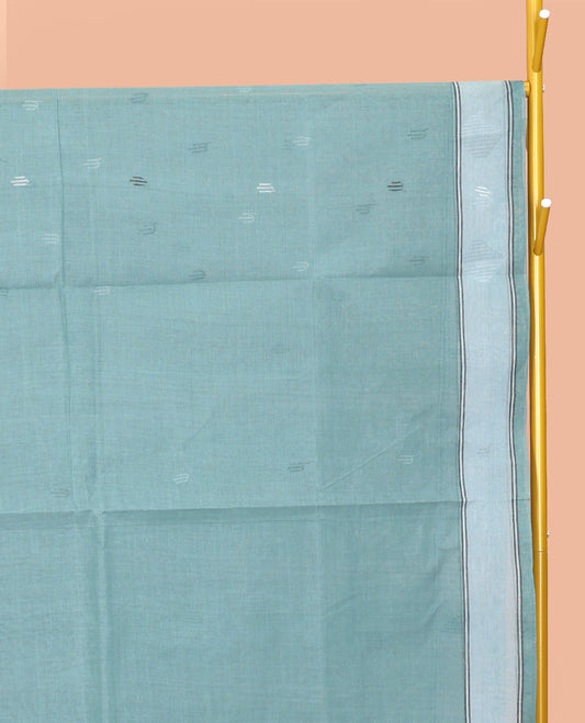 Blue Bengal Cotton Saree, Woven with Buttas, a Subtle Border, Pallu of Stripes, and a Matching Blouse