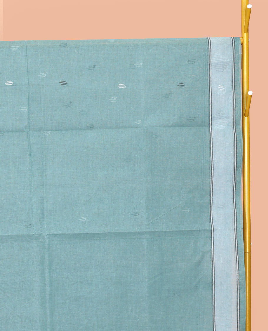 Blue Bengal Cotton Saree, Woven with Buttas, a Subtle Border, Pallu of Stripes, and a Matching Blouse