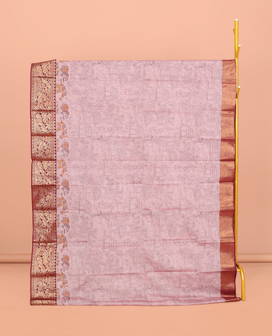 Pink Andhra Cotton Saree, Prettified with Village-Themed Print, a Contrast Peacock Zari Border, a Pallu of Patola-Print, and a Matching Blouse