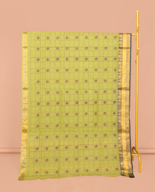 Leaf Green Venkatagiri Cotton Saree, Adorned with Butta Enclosed Checks, a Traditional Zari Border, a Floral-Print Pallu, and No Blouse