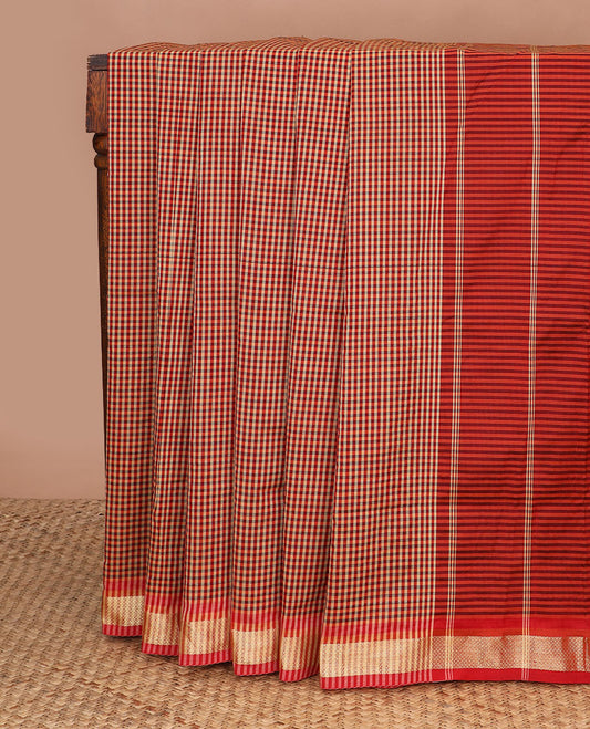 Multi-color micro-checked design poly cotton saree, traditional zari border & striped pallu