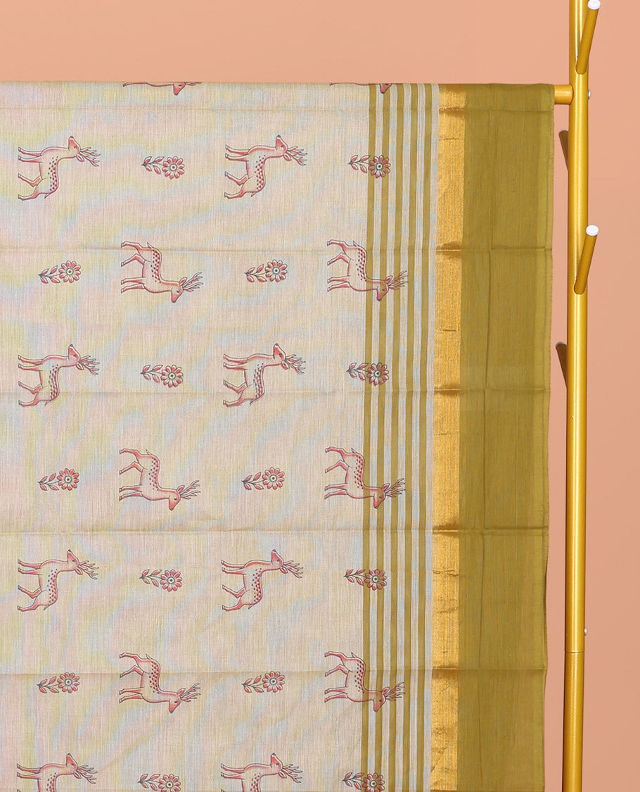 Grey Chirala Cotton Saree, Detailed with Floral and Deer Motifs, a Contrast Deer Motifs Border, Striped Pallu, and a Matching Blouse