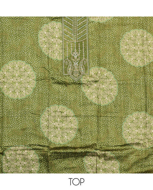 Green Material Chudidar Set, Accentuated with Bandhani Dot Printed and Embroidery on Rayon Top, a Rayon Bottom, and Paired with Contrast Intricately Printed Cotton Dupatta