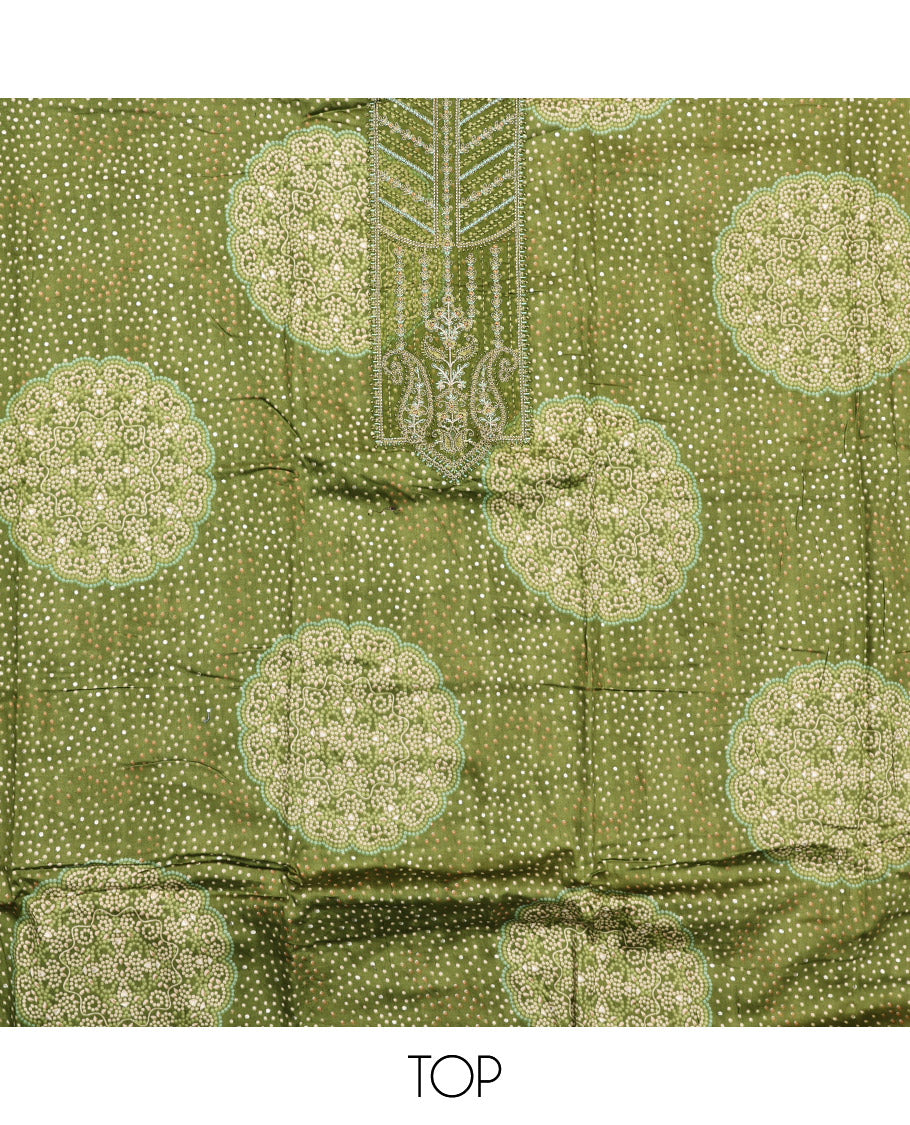Green Material Chudidar Set, Accentuated with Bandhani Dot Printed and Embroidery on Rayon Top, a Rayon Bottom, and Paired with Contrast Intricately Printed Cotton Dupatta