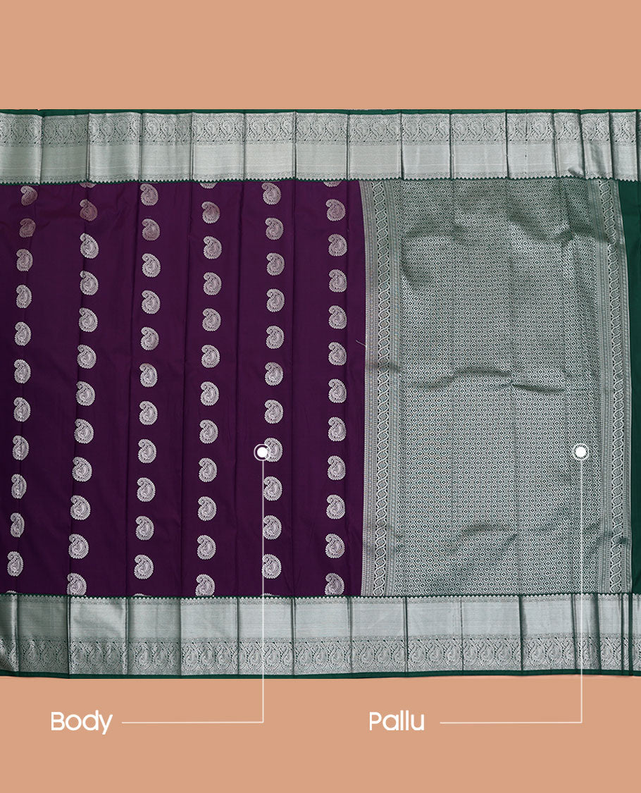 Purple Budget Silk Saree, Adorned with Buttas All Over Its Body, Complemented by a Contrast Traditional Zari Design Border, Grand Pallu, and Paired with a Contrast Blouse