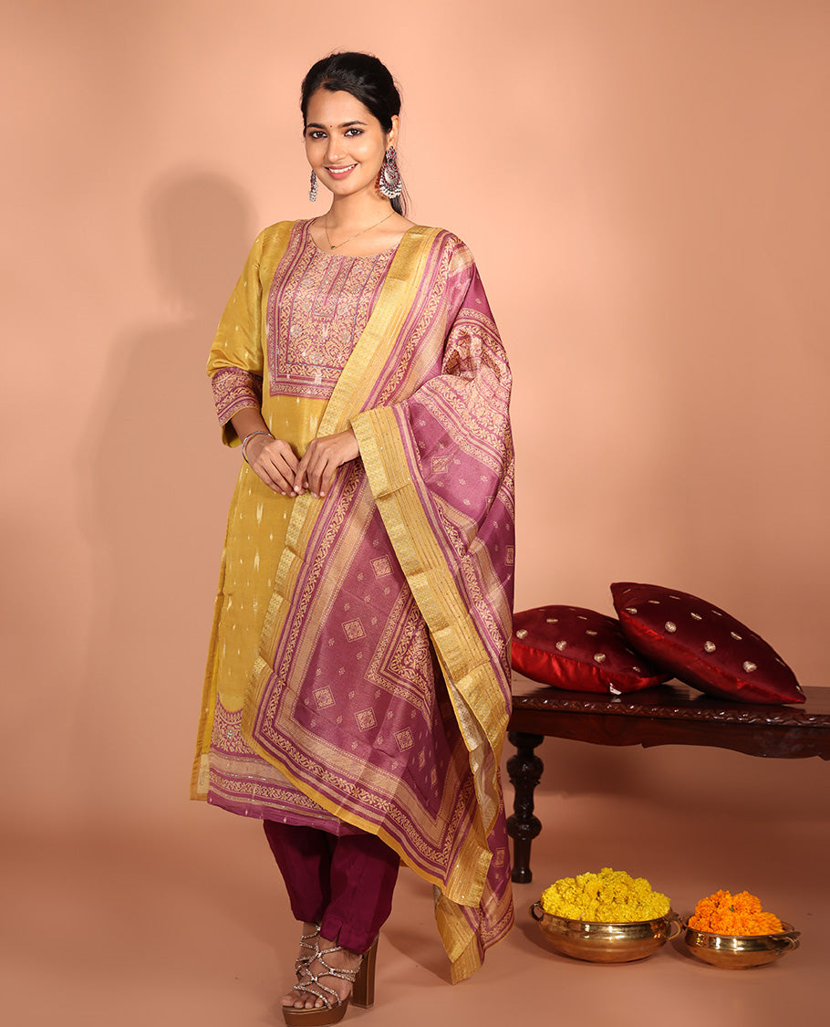 Yellow Jacquard Readymade Suit