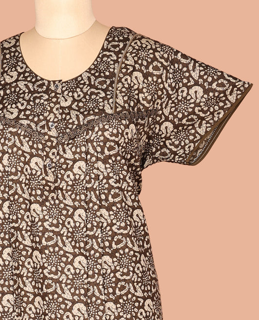 Light Brown Round Neck Cotton-Blended Nighty
