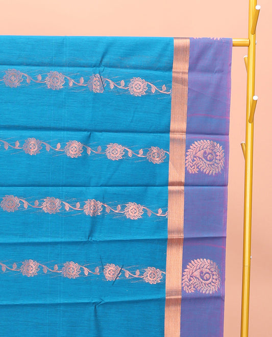 Blue Semi-Silk Cotton Saree, Artfully Adorned with Floral Creeper Design All Over Its Body, Complemented by a Contrast Paisley Zari Design Border, Pallu of Paisley Design, and Paired with a Matching Blouse