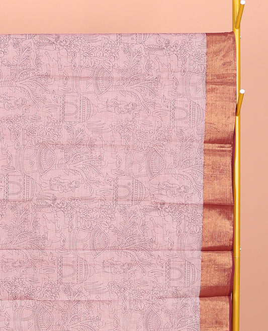 Pink Andhra Cotton Saree, Prettified with Village-Themed Print, a Contrast Peacock Zari Border, a Pallu of Patola-Print, and a Matching Blouse