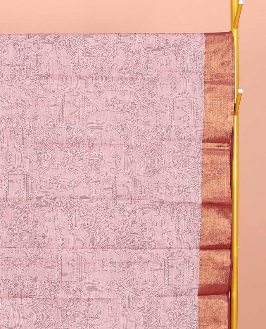Pink Andhra Cotton Saree, Prettified with Village-Themed Print, a Contrast Peacock Zari Border, a Pallu of Patola-Print, and a Matching Blouse
