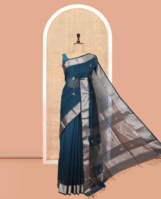 Blue Maheshwari Cotton Saree, Delicately Woven with Meena Buttas, a Contrast Chevron Striped Zari Border, Pallu of Zari Designs, and a Matching Blouse